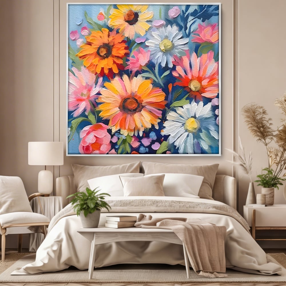 Tablou canvas cu tablou canvas cu buchet de flori, in rama de aluminiu argintiu, pe perete intr-un dormitor